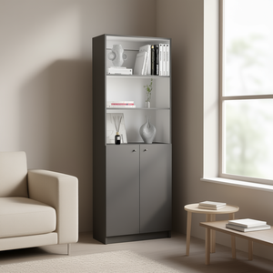 Libreria a 2 ante grigio opaco e bianco con ripiani in vetro, design moderno, mobili per soggiorno - Product Image 2