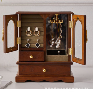 <b>Vintage</b> Wooden Jewelry <b>Box</b> With Mirror And Drawer For Earrings Necklaces Rings Home Storage Rectangle Shape - Product Image 2