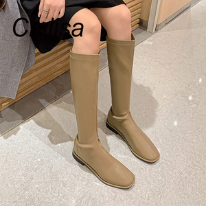 Cialisa all'ingrosso bianco donna Stretch in pelle alto stivale lungo <span class=keywords><strong>stivali</strong></span> <span class=keywords><strong>alti</strong></span> al ginocchio neri scarpe invernali piatte <span class=keywords><strong>stivali</strong></span> per le donne - Product Image 1