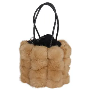 Real fur pom pom bucket bag women leather rabbit fur ball handbag fur bobble shoulder bag for winter