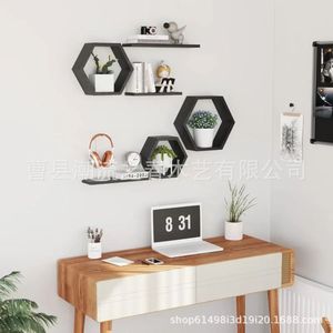 Cross-border wooden wall-mounted hexagonal grid storage <b>rack</b> for home living room background minimalist decorative <b>shelf</b> - Product Image 2