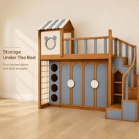 Lit mezzanine pour enfants en bois massif avec escalier, design cabane, fenêtre ronde à oreilles d'ours, portes d'armoire cintrées, barrières de sécurité et tiroirs