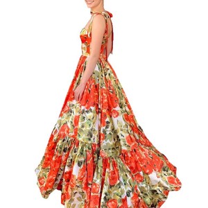 Vestido de noche con cuello en V, espalda descubierta, cintura imperio, estampado floral, falda larga naranja y roja, vestido formal para mujer - Product Image 5
