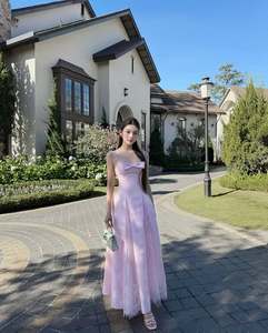 Robe de soirée longue élégante rose clair pour femme, bretelles spaghetti, nœud, robe de bal personnalisée OEM/ODM, robe de soirée estivale douce - Product Image 3