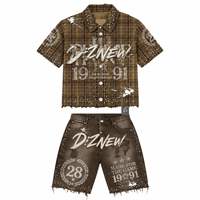 DiZNEW Maßgeschneidertes Y2K Vintage Kariertes Crop-Shirt Kurzarm Strass Distressed Puff Print Atlanta Streetwear Baggy Boxy OEM