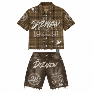 Camisa Corta a Cuadros Vintage Y2K Personalizada DiZNEW, Manga Corta, con Pedrería, Estampado Puff Desgastado, Estilo Urbano Atlanta, Holgada, OEM - Product Image 2