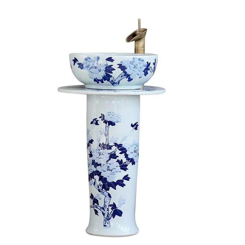 jingdezhen white and blue ceramic pedestal wash basin with countertop and stand