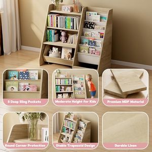 Meubles Montessori en bois, étagère à <span class=keywords><strong>livres</strong></span> <span class=keywords><strong>pour</strong></span> tout-petits avec 5 poches suspendues, étagère à <span class=keywords><strong>livres</strong></span> en bois à 4 niveaux et rangement <span class=keywords><strong>pour</strong></span> jouets avec tiroir amovible - Product Image 3