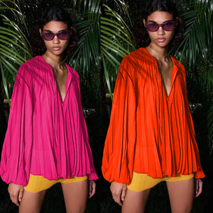 Blus Wanita Musim Gugur <span class=keywords><strong>2026</strong></span> Blusas Mujer Multiwarna Mutiara <span class=keywords><strong>Chiffon</strong></span> Lipit Tali Lengan Panjang - Product Image 2