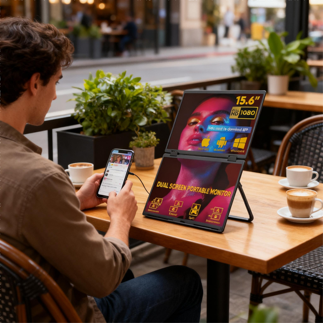Portable Monitor with Gravity Sensor Auto Rotation, Dual 15.6 Inch FHD 100% SRGB, Foldable Design for Coding and Design Work