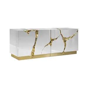 Custom Luxury Modern Solid Wood High Glossy Piano Painting Gold Stainless Steel Sideboard For Livingroom