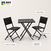 Ensemble bistrot pliant 3 pièces, chaises en osier noir, plateau de table en bois, pour terrasse extérieure