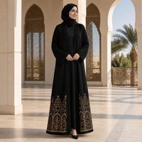 Abaya noire tricotée sur mesure pour femme, broderie dorée, devant ouvert, manches longues, robe kaftan musulmane, tenue modeste du Moyen-Orient, fabrication usine