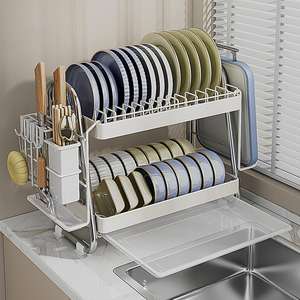 2層金属皿乾燥収納ラック排水板付き近代的な耐錆性キッチンキャビネットカウンタートップオーガナイザーダブルティア - Product Image 5