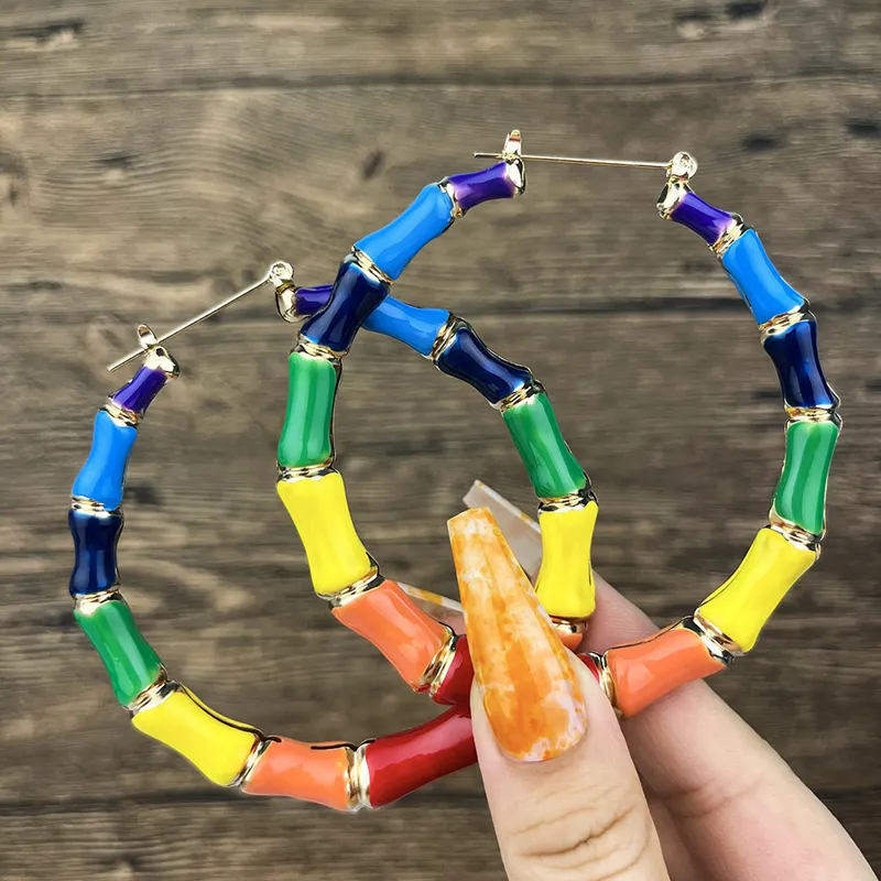 Mode Warna-warni Enamel Geometris Bambu Hoop Anting C-berbentuk Hati Berlebihan Wanita Anting Perhiasan Besar