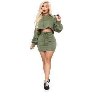 YHH-105 New Autumn Spring <strong>Women</strong> Casual Hooded Drawstring Long Sleeve Crop Top <strong>Hoodies</strong> Skirt Solid 2 Pieces Set <strong>Dress</strong> - Product Image 5