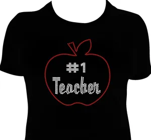 Özel bling ücretsiz örnek öğretmen apple karikatür tasarım rhinestone isı transferi için giyim