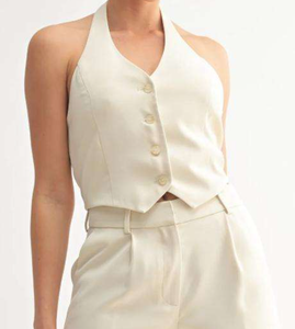 <span class=keywords><strong>Chaleco</strong></span> Halter de Satén Personalizado para <span class=keywords><strong>Mujer</strong></span>, con Botones Delanteros, Escote en V, Espalda Descubierta, Top Corset, Blusa Elegante sin Mangas para Fiesta, Fabricante OEM - Product Image 2