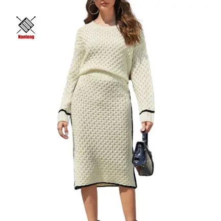 Wholesale Casual Crew Neck Cable Knit Contrast Side Seam Skirt Ladies Dress Sweater Sets