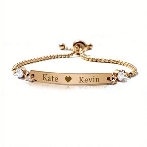 Bracelet tendance en acier inoxydable plaqué or avec 12 pierres de naissance gravées et double breloque diamant - Product Image 4