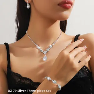 תכשיטי כלה שלוש חתיכות כלה יום השנה, סט אבני חן מסנוור zircon sazoon שרשרת דמעה מלאך דמעה עגילי זהב - Product Image 6