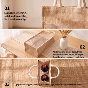Sac à main en jute avec empiècements en PVC transparent, différentes tailles, pour emballage cadeau de vin, personnalisation en gros disponible - Product Image 4