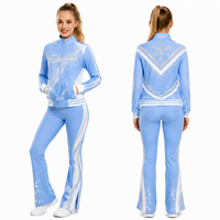 Set Pemanasan Cheerleader All Star Custom Warna Biru Es Putih Perak Motif Kepingan Salju Jaket Full Zip Celana Flare Set Latihan