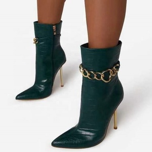 Winter Women <b>Shoes</b> Metal Decoration High Heel Gold Chain Stone Print Ankle Boots Side Zip Fashion Custom Big Size 43 - Product Image 2