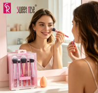 Lot de 5 pinceaux de maquillage pour le visage et les joues Sweet Rose, étui transparent, kit professionnel de pinceaux pour poudre, blush et fard à paupières pour femmes