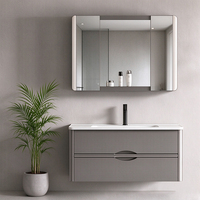 Meuble de salle de bain en PVC au design épuré avec miroir LED intelligent anti-buée, ensemble de lavabo de salle de bain étanche