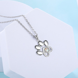 Cute Animal Paw Pendant Necklace 925 Sterling Silver Rhodium Plated Opal Bezel Setting Link Chain Unisex Everyday Wear - Product Image 4