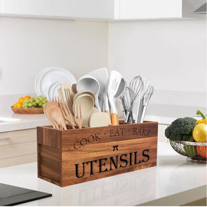 Porte-ustensiles rectangulaire en bois d'acacia laqué pour <span class=keywords><strong>cuisine</strong></span> de style campagnard, avec 4 compartiments et design réglable - Product Image 5