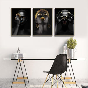 Pintura acrílica personalizada hecha a mano <span class=keywords><strong>para</strong></span> mujer africana, <span class=keywords><strong>cuadros</strong></span> artísticos de pared de color negro y dorado <span class=keywords><strong>para</strong></span> decoración de sala de estar - Product Image 4