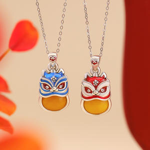 <span class=keywords><strong>Yuebao</strong></span> Jewelry S999 Colgante de ámbar de plata-Diseño de danza del león retro de estilo nacional, encanto de León Del Sur esmaltado - Product Image 4