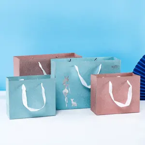 Custom Blue Pink Shopping Shiny Glitter Paper Bag With Handle