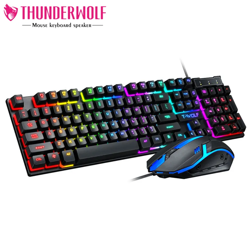 TWOLF TF200 gaming wired keyboard and mouse combo computer mechanical feel backlight for PC desktop LED rainbow light