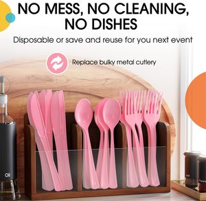 200 Piezas de Cubiertos Desechables de Plástico Rosa Resistentes, Cubiertos Elegantes con Diseño de Cubiertos de Plata - Product Image 5