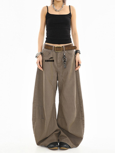 Celana Denim cuci cokelat kelas atas celana longgar ritsleting tersembunyi rendah di depan dan belakang <span class=keywords><strong>Jeans</strong></span> gaya uniseks celah ultra longgar di kaki - Product Image 3