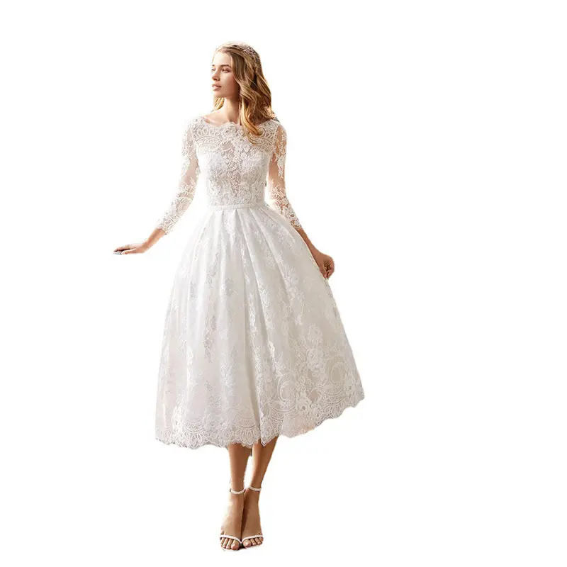 Short Wedding Party Dresses White For Women Long Sleeve Lace Appliques Boho Bridal Dress Princess Cute Robe