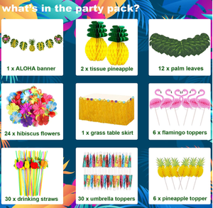 ハワイアロハビーチパーティーパームフラワーリースフラッグガーランドテーブルスカートフラミンゴパイナップル傘カップケーキトッパーストロー装飾 - Product Image 6