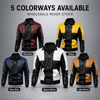 Veste en cuir PU personnalisée pour homme, color block, col rabattu, fermeture éclair avant, coupe régulière, streetwear urbain, vente en gros, stock disponible
