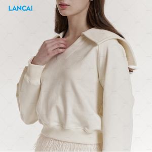 Custom 320Gsm Mujeres Algodón Mezclado Pullover Premium Marinero Cuello Gama Manga Elegante Recortada Sudaderas Beige - Product Image 2