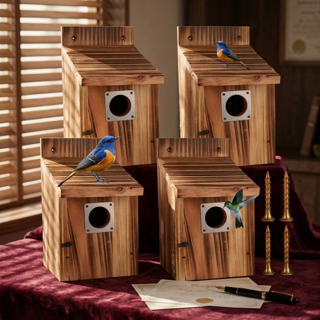 Outdoor Bird House Set, Bird Houses for Outside with Metal Guards, Safety Locks, Flight Slots, & Ventilation, Bluebird Houses