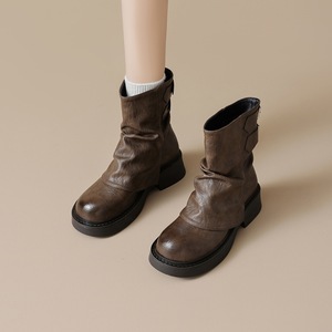 Bottes d'hiver courtes plissées rétro pour femmes 2025, nouveau design à bout rond, talon épais, en cuir véritable respirant - Product Image 1