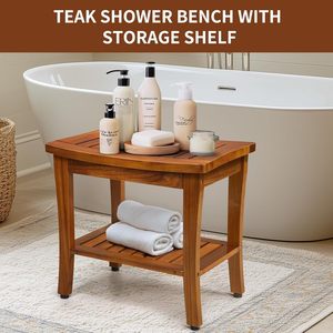 Tabouret de salle de bain en teck Ruoyi 40x25.5x42cm avec étagère de rangement, banc de douche imperméable et antidérapant - Product Image 4