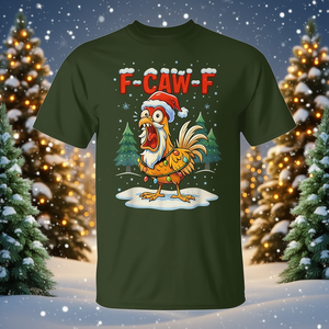 Camiseta navideña con diseño de pollo F-Caw-F, gorro de Papá Noel y luces - Product Image 3