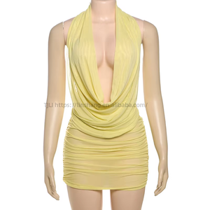Nouvel ensemble 2 pièces sexy pour femme, couleur unie, col suspendu, décolleté plongeant, jupe courte enveloppante, tendance - Product Image 6