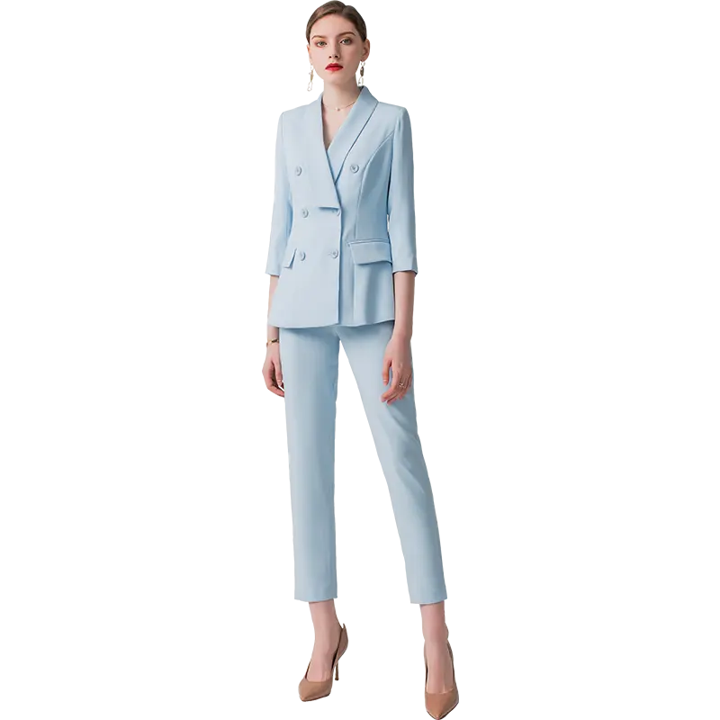 Luxury High Society Woman Blazer Formal Suit Office Lady Sky Blue Pants Suit For Woman