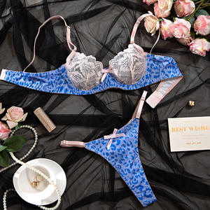 Ensemble de Lingerie en Dentelle pour Femme, <span class=keywords><strong>Soutien</strong></span>-<span class=keywords><strong>Gorge</strong></span> <span class=keywords><strong>Push</strong></span>-<span class=keywords><strong>Up</strong></span> Sans Couture avec Imprimé Léopard Bleu et Rose, Empiècement Papillon de Couleur Contrastée - Product Image 6