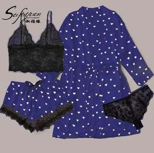 Sfy-y5039 Conjunto de Pijama de Satén Transpirable y Suave para Mujer, Manga Larga, Cintura Elástica, Camiseta de Encaje Transparente, Pantalones y Bata para Verano - Product Image 3